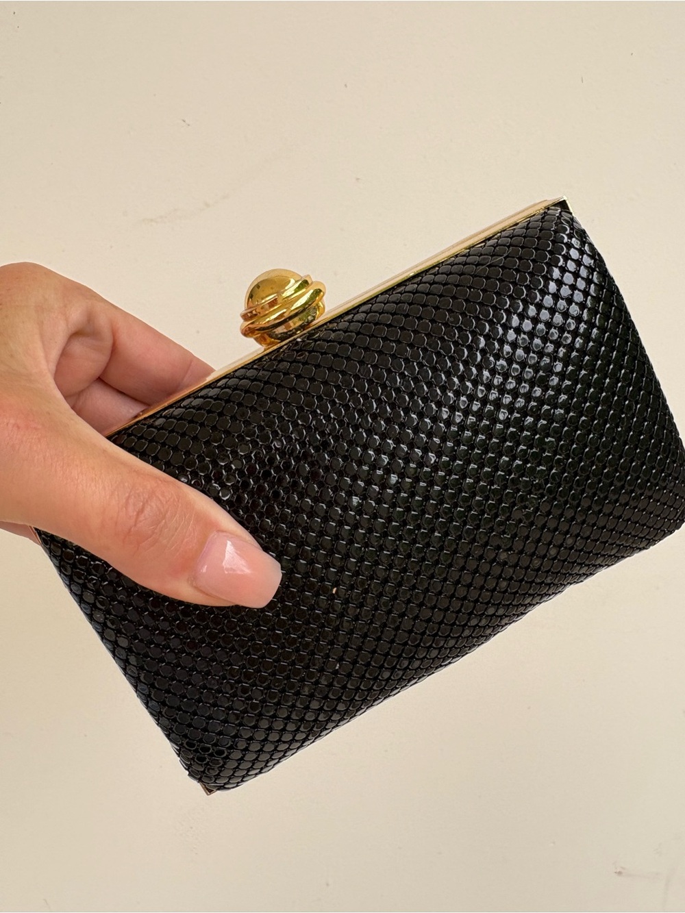 La Regale Black Mesh Evening Clutch with Gold Hardware and Snake-chain